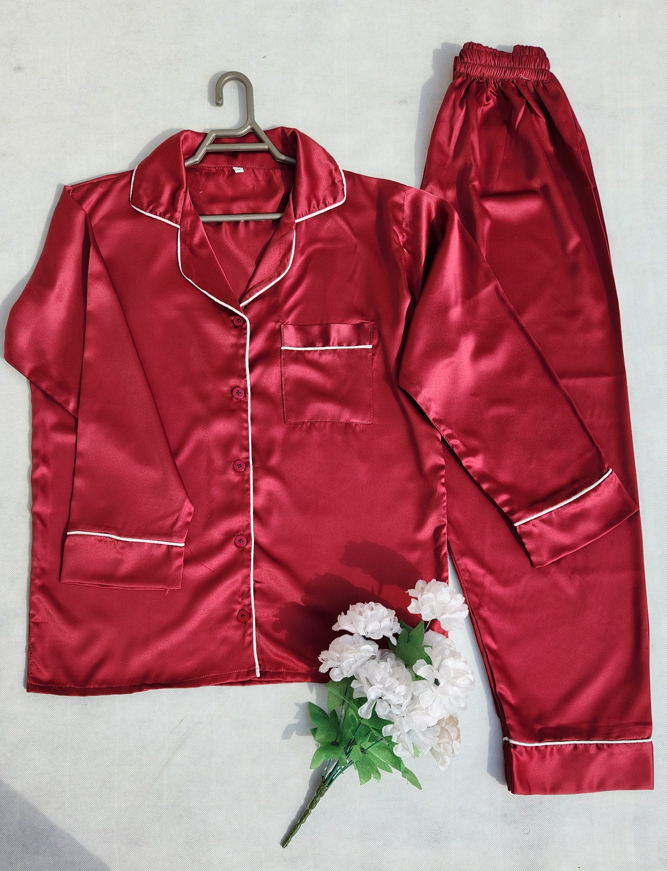 Maroon satin silk PJ set - alternate view